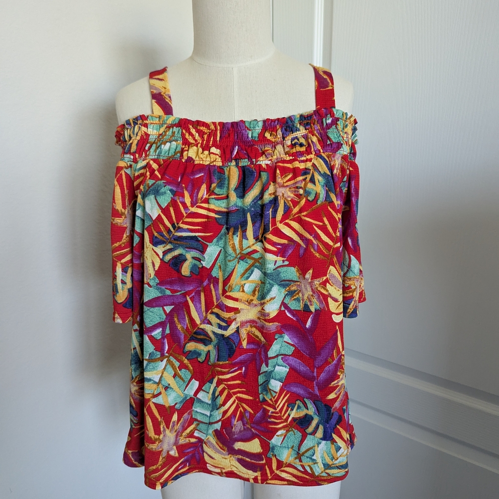 MELLODAY Red and Blue Smocked 3/4 Sleeve Blouse